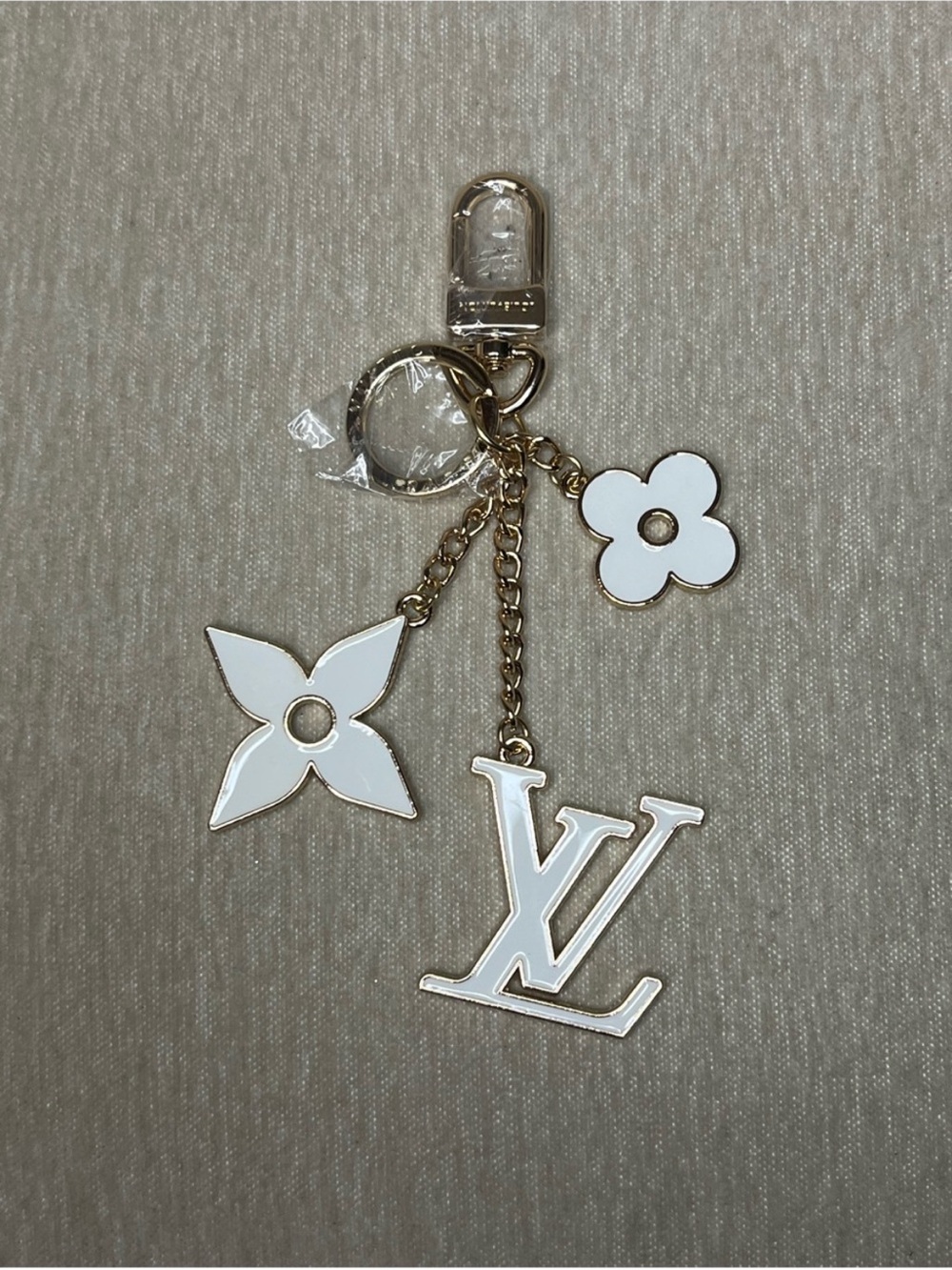 White Enamel LV & Monogram Flower Key Charm with Gold Hardware